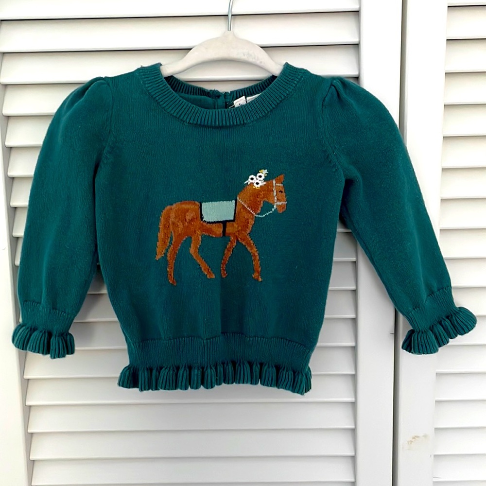 Janie & Jack 6-12m knit emerald green sweater with horse design and ruffles
